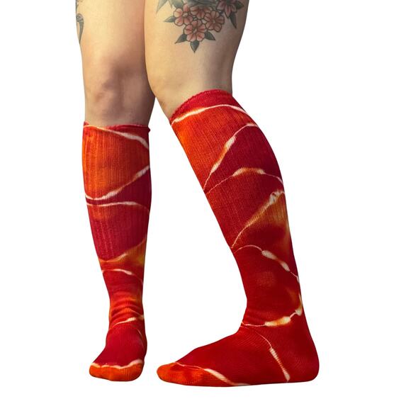 Ice Dyed Bamboo Socks - Tie Dye Stockings - Red Yellow Orange (One Size) - Picture 5 of 8